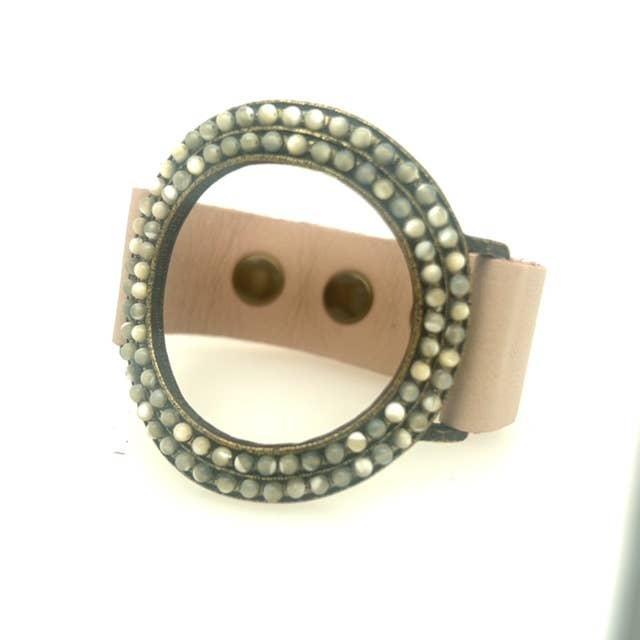 Open Circle Leather Bracelet: Nude pink w multi green