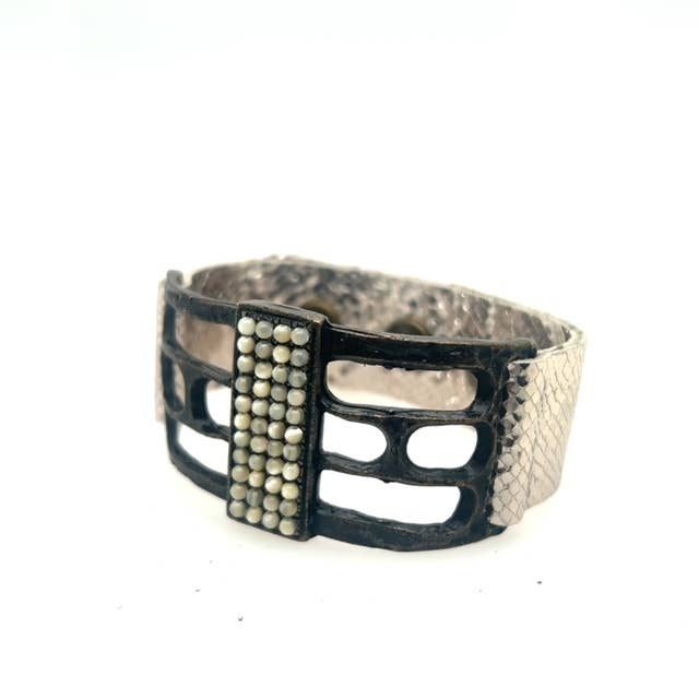 Open Rectangle Leather Bracelet: Gold metallic w mop