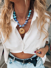 Gold large urchin statement necklace in blue