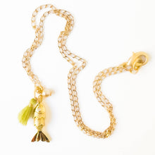 24K Gold Plated Fish Charm Necklace with Crystal Pearl: Orange / 16"