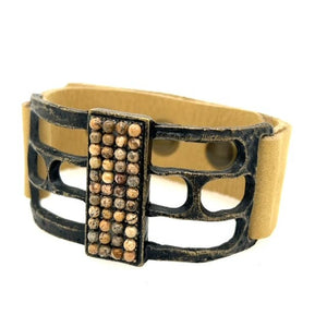 Open Rectangle Leather Bracelet: Gold metallic w mop