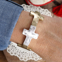 Hammered Sideways Cross Bracelet in Worn Silver Gold Tone Boho Style: Worn Gold Tone