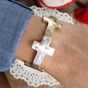 Hammered Sideways Cross Bracelet in Worn Silver Gold Tone Boho Style: Worn Gold Tone