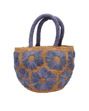 Eva Embroidered Flower Crochet Straw Basket Handbag: Denim & Cappuccino