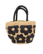 Eva Embroidered Flower Crochet Straw Basket Handbag: Denim & Cappuccino