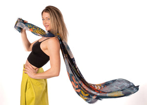 Tropical Forest Floral Print Scarf Wrap: Black & Wine