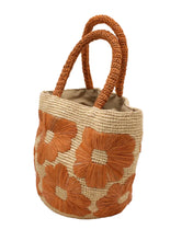Eva Embroidered Flower Crochet Straw Basket Handbag: Denim & Cappuccino