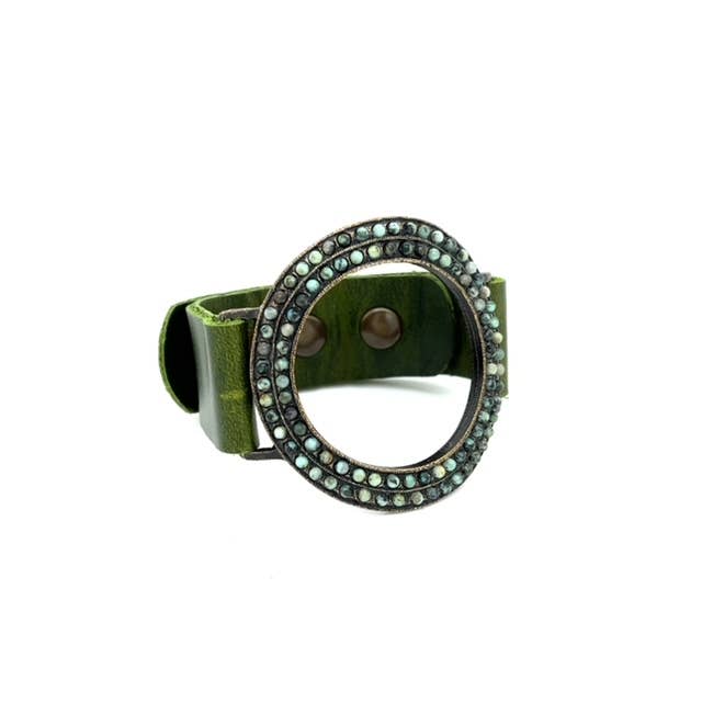 Open Circle Leather Bracelet: Nude pink w multi green