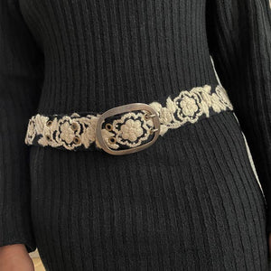 Two-Tone Embroidered Wool Belt, Black/Cream: L