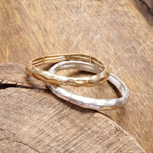 Boho Stretchy Minimalist Bangle Raw Textured Worn Gold and Silver tones: Worn Silver