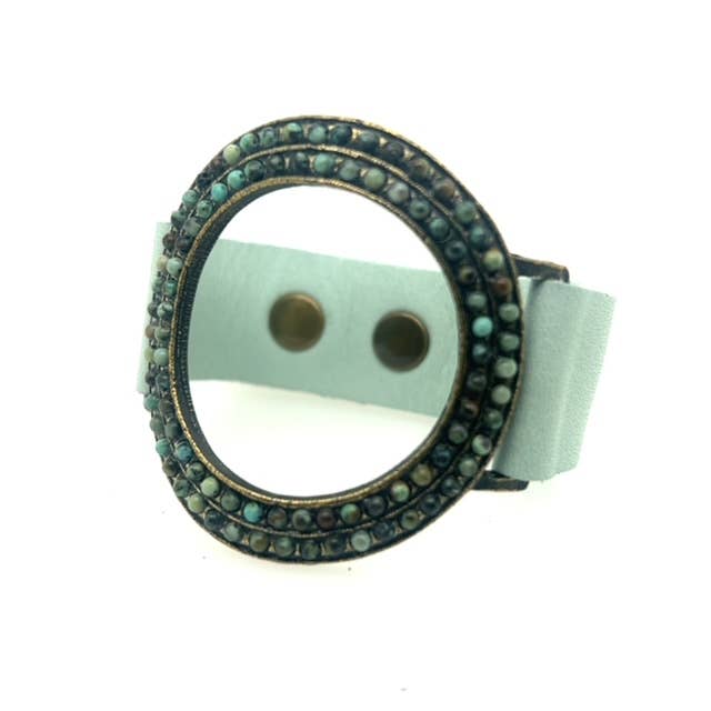 Open Circle Leather Bracelet: Nude pink w multi green