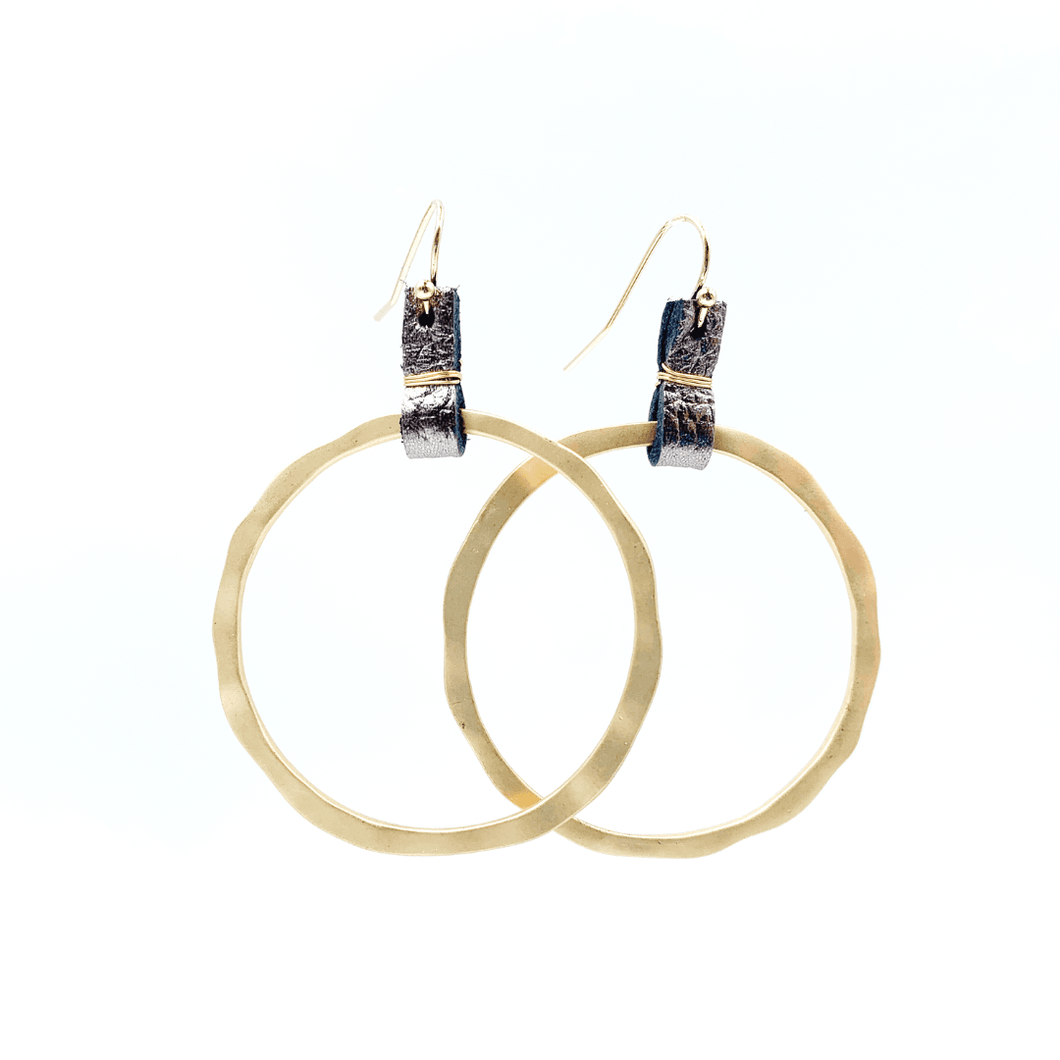 Gold Hoop in Skinny Leather Pewter Earring