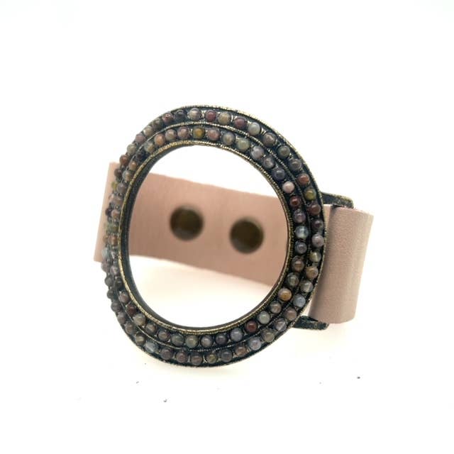 Open Circle Leather Bracelet: Nude pink w multi green