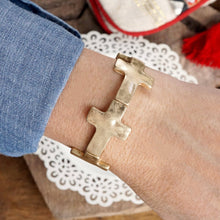 Hammered Sideways Cross Bracelet in Worn Silver Gold Tone Boho Style: Worn Gold Tone