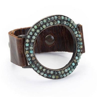 Open Circle Beaded Bracelet: Vintage Brown w African Turq