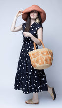 Eva Embroidered Flower Crochet Straw Basket Handbag: Denim & Cappuccino