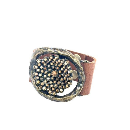 Flower Insert Beaded Leather Bracelet: Camel w cafe