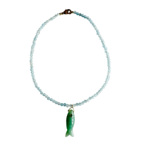 The Big Eye Fish Necklace: Ice Blue Jade with Aventurine Fish