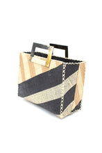 Stevie Double Wide Stripe Straw Handbag with Horn Handles: Black & Cappuccino