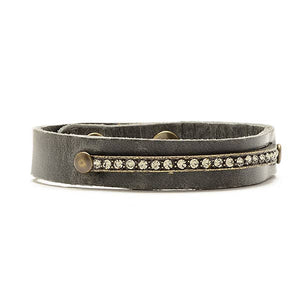 Narrow Leather Band Crystal ID Bracelet: Vintage Brown w Lt Turq