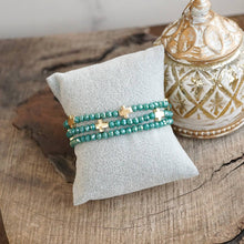 Mini Sideways Cross Bracelet stack Glass and gold metal beads: Teal Green