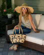 Eva Embroidered Flower Crochet Straw Basket Handbag: Denim & Cappuccino