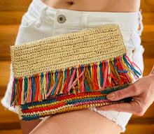 Coco Crochet Straw Clutch with Raw Fringe Trim: Confetti