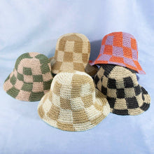 Straw Braided Checkered Bucket Hat: OL