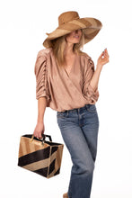 Stevie Double Wide Stripe Straw Handbag with Horn Handles: Black & Cappuccino
