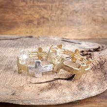 Hammered Sideways Cross Bracelet in Worn Silver Gold Tone Boho Style: Worn Gold Tone