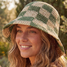 Straw Braided Checkered Bucket Hat: OL
