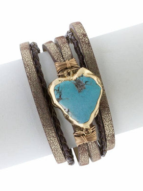 Braided Turquoise Stone Boho Chic Style Leather Bracelet: Bronze