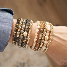 Beaded Bracelet Stack Set, Stretch Bracelet Stack, Layered Beaded Bracelets – Golden Drift: Gray