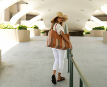 Zafran Two Tone Wide Stripe Straw Beach Bag: Medium / Coral Two Tone