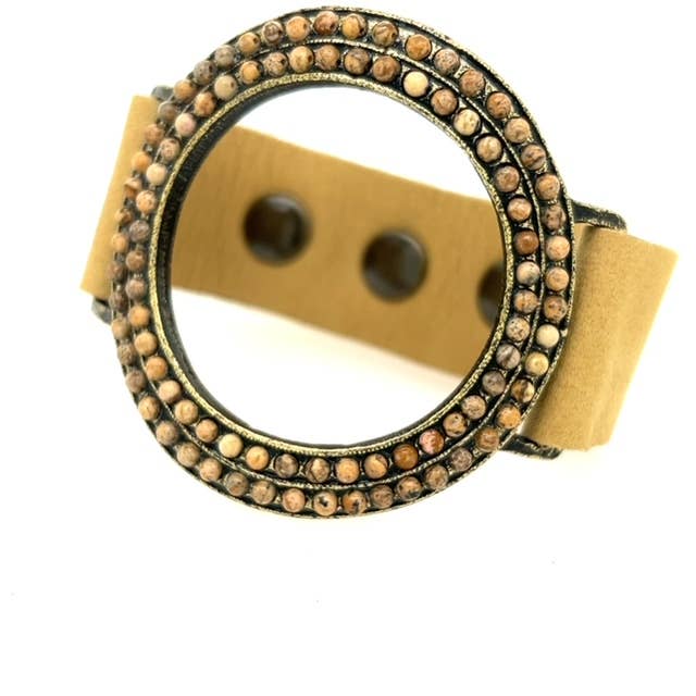 Open Circle Leather Bracelet: Nude pink w multi green