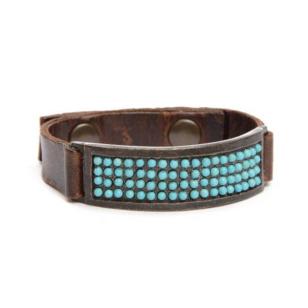 ID Leather Bracelet: Vintage Brown w African Turq