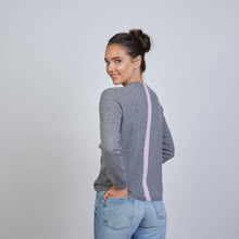 Highland Stripe 100% Mongolian Cashmere Sweater in Gray with Lilac