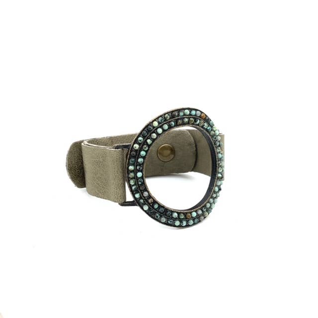 Open Circle Leather Bracelet: Nude pink w multi green