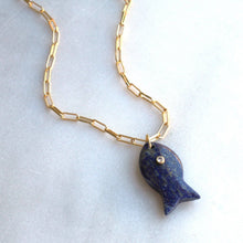 Large Gemstone Fish Pendant Necklace, Handmade, Fall Style: Blue Lapis / 16 inch