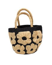 Eva Embroidered Flower Crochet Straw Basket Handbag: Denim & Cappuccino