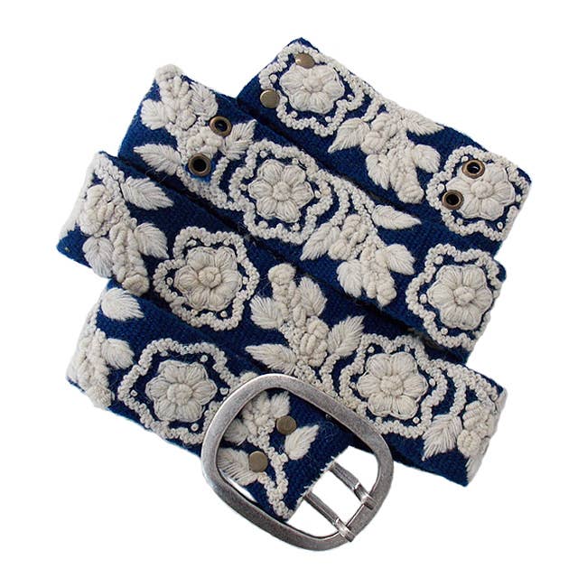 Two-Tone Embroidered Wool Belt, Blue/Cream: S