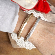 Boho Stretchy Minimalist Bangle Raw Textured Worn Gold and Silver tones: Worn Silver