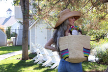 Milos Stripes Crochet Straw Basket Handbag with Pockets: Caribbean