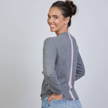 Highland Stripe 100% Mongolian Cashmere Sweater in Gray with Lilac