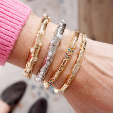 Stretchy Stackable Bangle Pearls and Rhinestones Gold or Silver Tone: Pearls and Crystals - Gold Tone