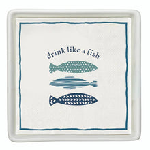 Ceramic Napkin Trays + Napkins - Drink Like A Fish: Tray: 5.75" SQ x 1.25" H ,  Napkin: 5" SQ