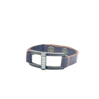 Sm Open Rectangle Baguette leather Bracelet: Vintage Brown w Black Diamond