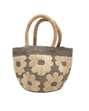 Eva Embroidered Flower Crochet Straw Basket Handbag: Denim & Cappuccino