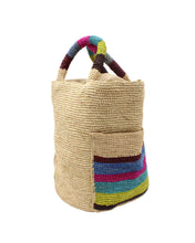 Milos Stripes Crochet Straw Basket Handbag with Pockets: Caribbean