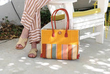 Zafran Two Tone Wide Stripe Straw Beach Bag: Medium / Coral Two Tone